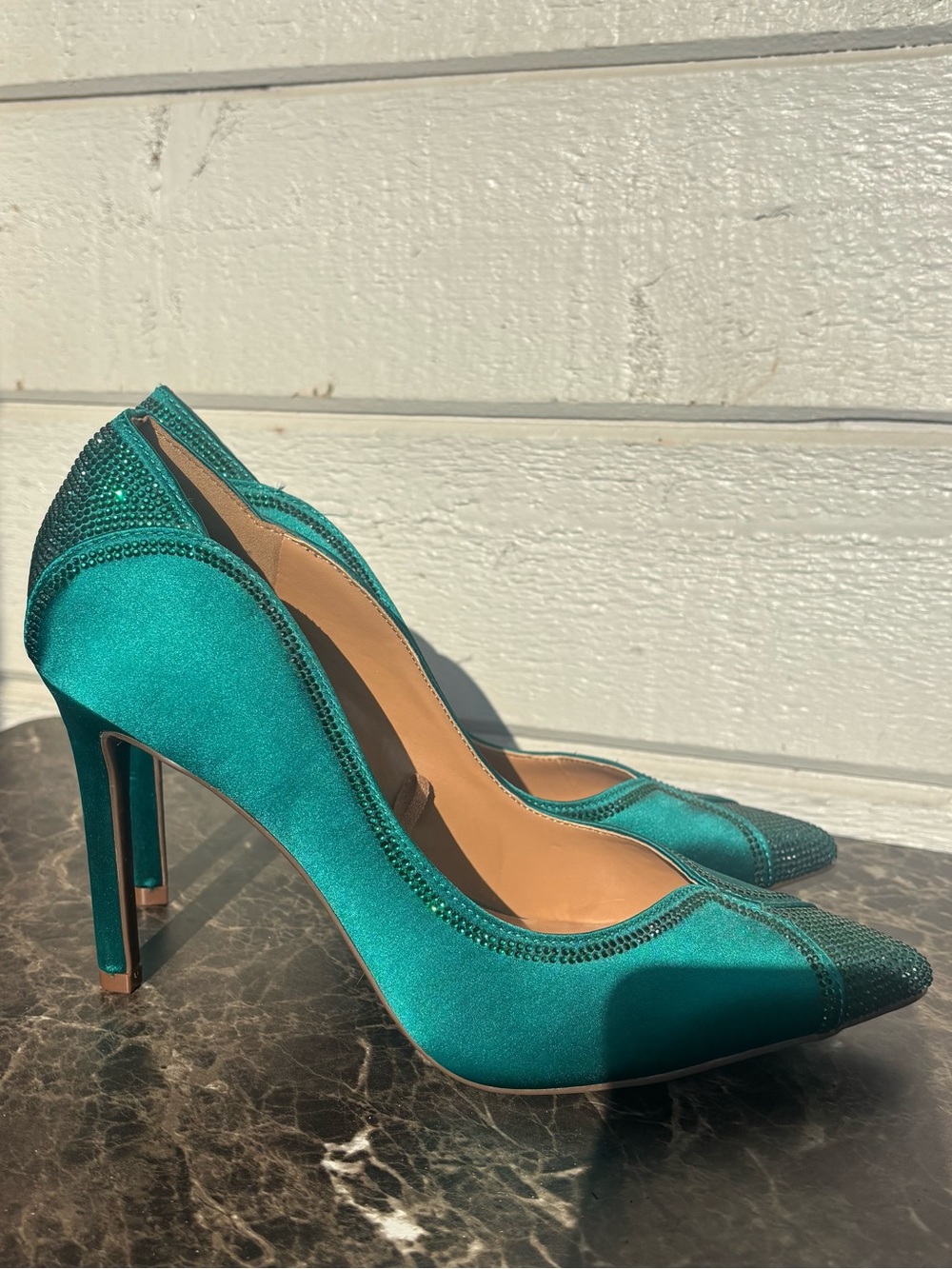 Green Satin Pointed-Toe High Heels with Crystal Detail